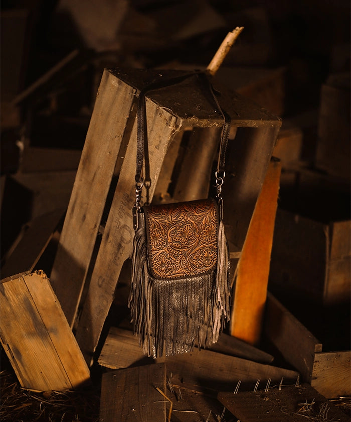 Montana West Genuine Leather Floral Fringe Crossbody