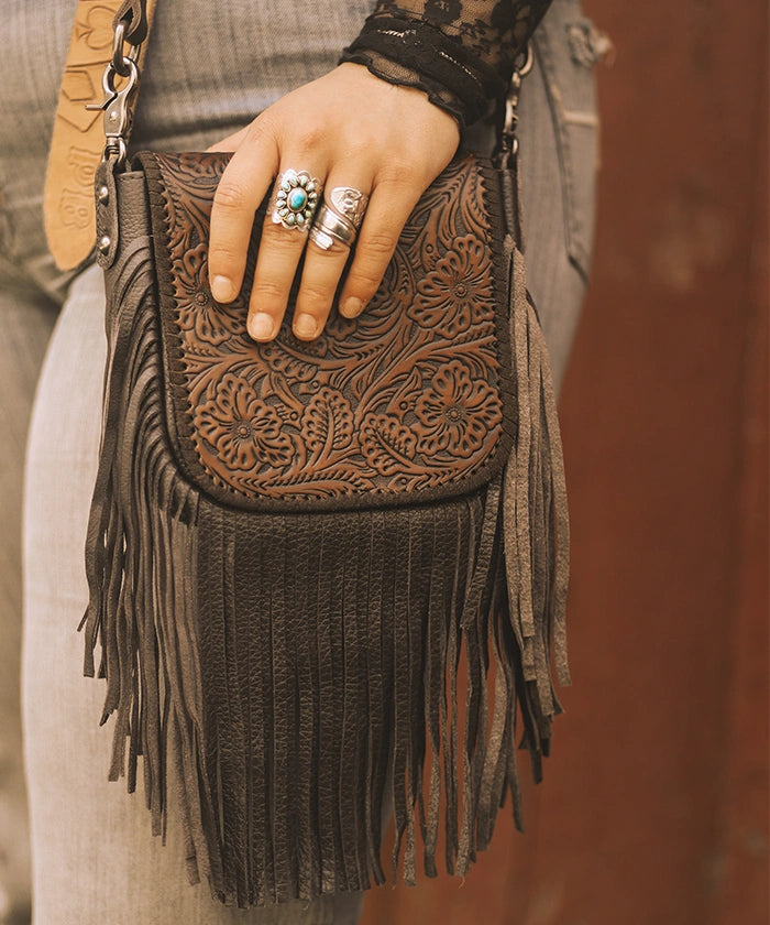Montana West Genuine Leather Floral Fringe Crossbody