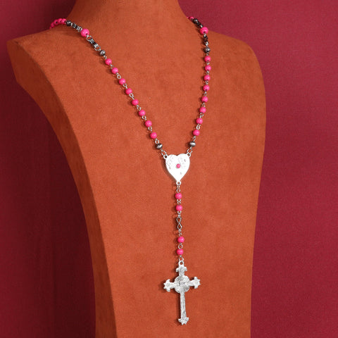 RNS-1026  Rustic Couture's  Beaded Heart Shape Cross  Pendant Necklace