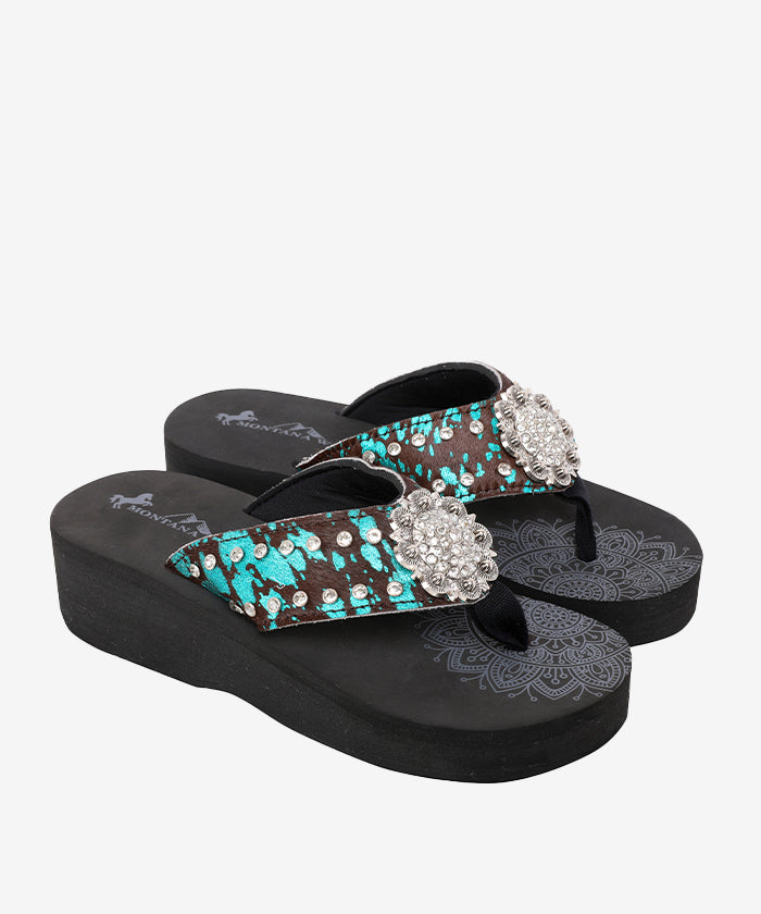 Mandala Silver Floral Rhinestones Concho Embroidered Wedge Flip-Flop