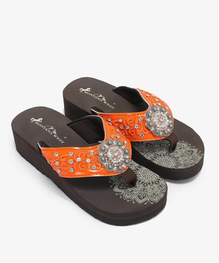 Mandala Silver Floral Rhinestones Concho Embroidered Wedge Flip-Flop