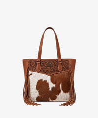 Trinity Ranch Floral Fringe Concealed Carry Tote — genuine leather with cowhide panels and western tooling