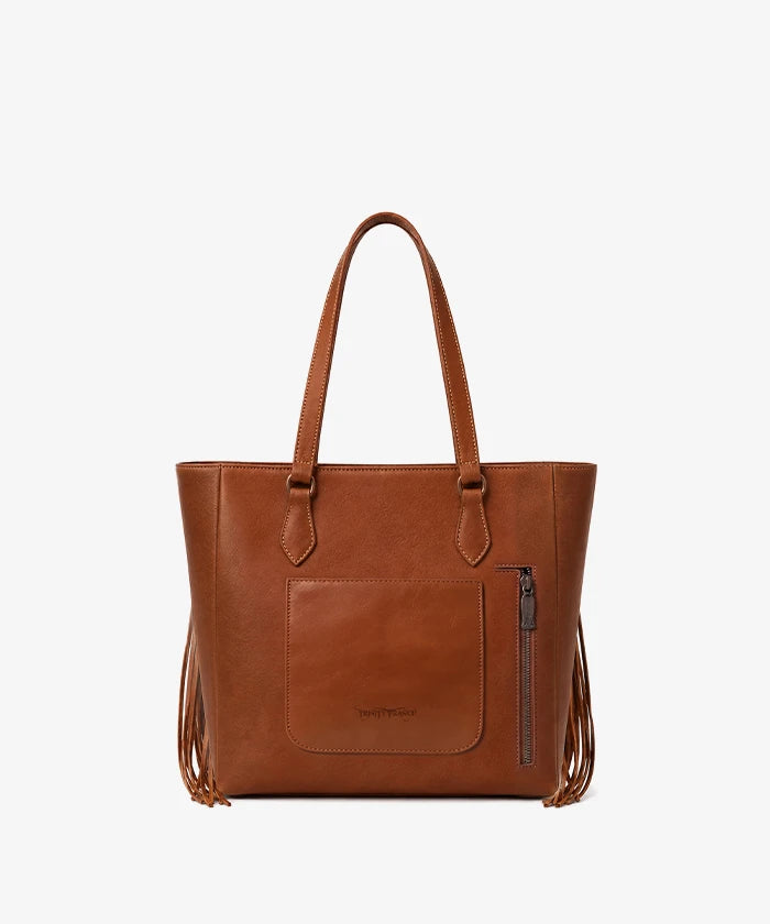 Trinity Ranch Floral Fringe Concealed Carry Tote — genuine leather with cowhide panels and western tooling