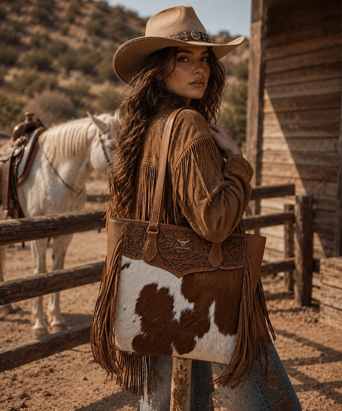 Trinity Ranch Floral Fringe Concealed Carry Tote — genuine leather with cowhide panels and western tooling