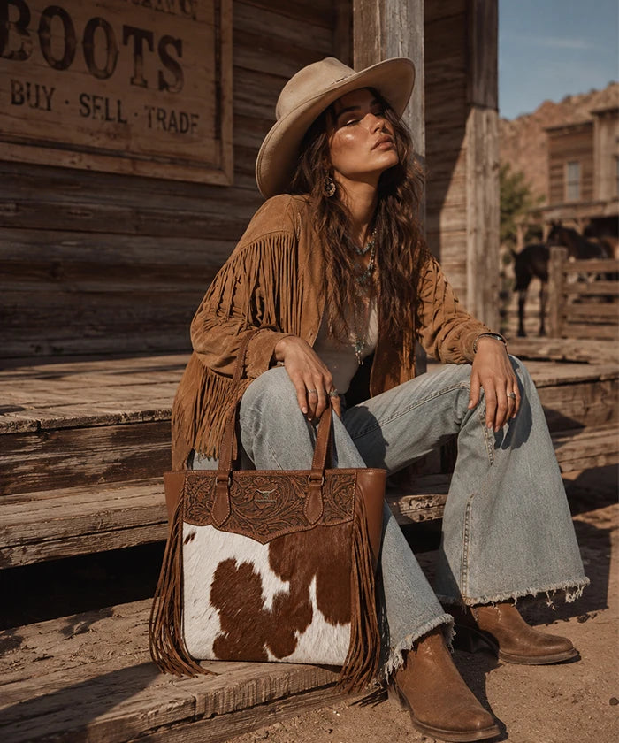 Trinity Ranch Floral Fringe Concealed Carry Tote — genuine leather with cowhide panels and western tooling