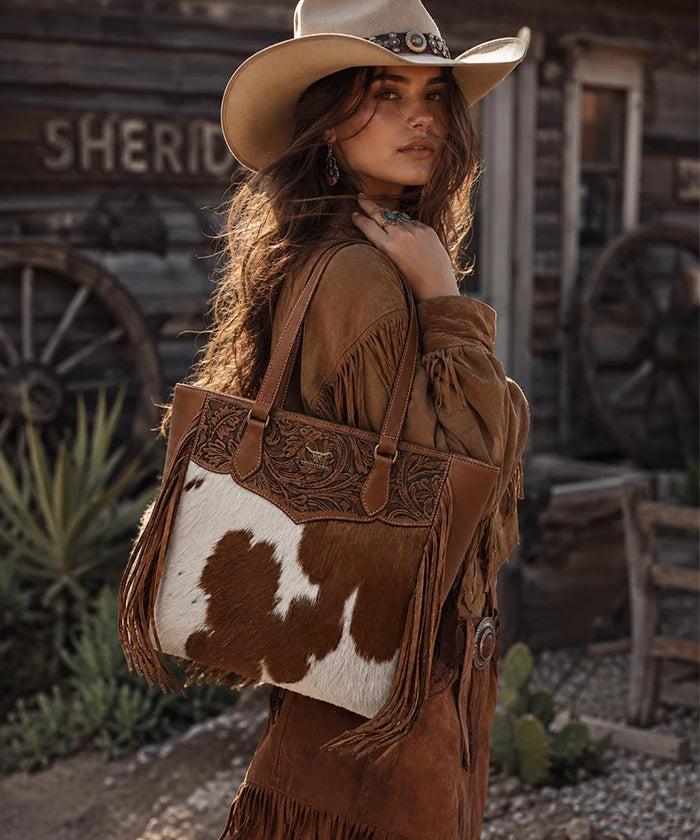 Trinity Ranch Floral Fringe Concealed Carry Tote — genuine leather with cowhide panels and western tooling