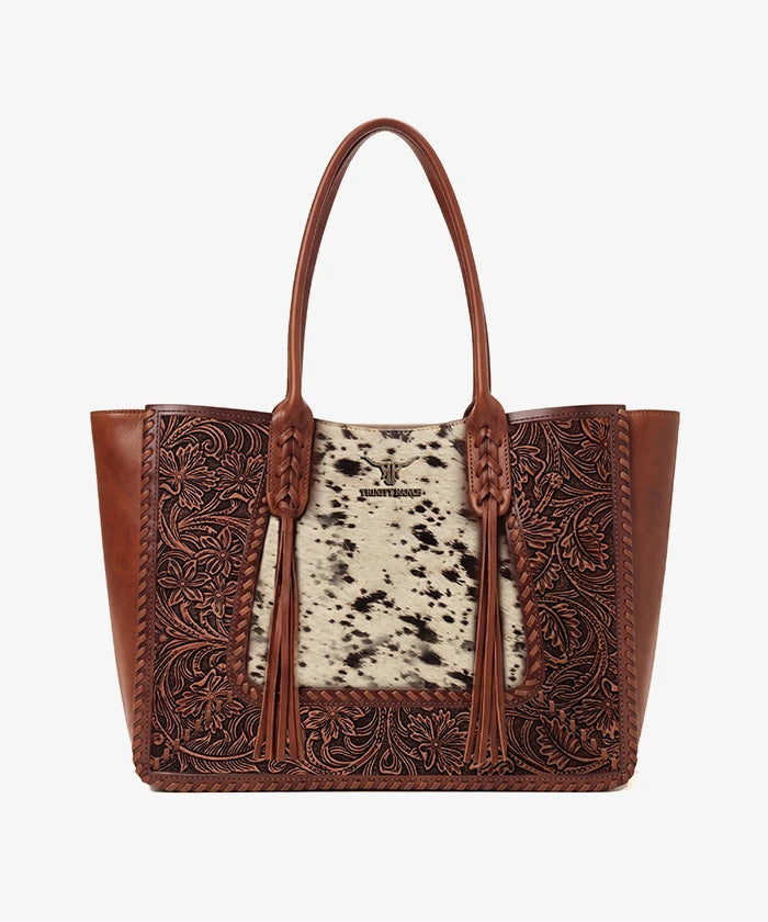 Trinity Ranch Floral Tooled Concealed Carry Tote Purse — Genuine leather with floral tooling and cowhide panel