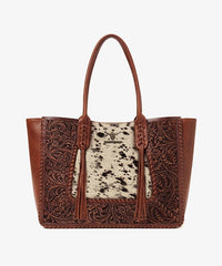 Trinity Ranch Floral Tooled Concealed Carry Tote Purse — Genuine leather with floral tooling and cowhide panel