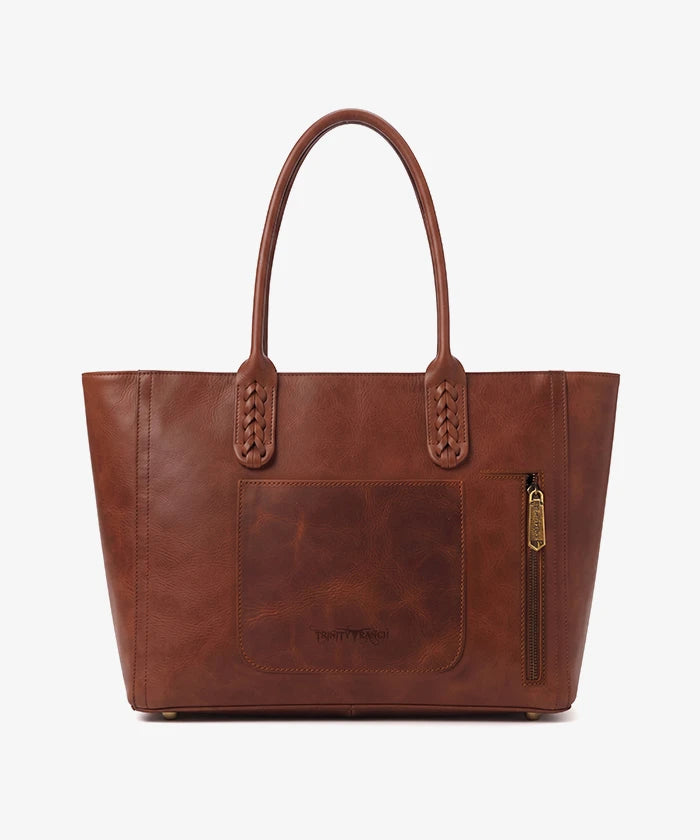 Trinity Ranch Floral Tooled Concealed Carry Tote Purse — Genuine leather with floral tooling and cowhide panel
