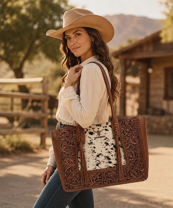 Trinity Ranch Floral Tooled Concealed Carry Tote Purse — Genuine leather with floral tooling and cowhide panel
