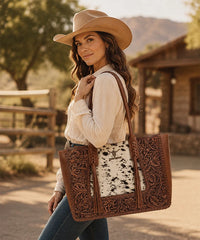 Trinity Ranch Floral Tooled Concealed Carry Tote Purse — Genuine leather with floral tooling and cowhide panel