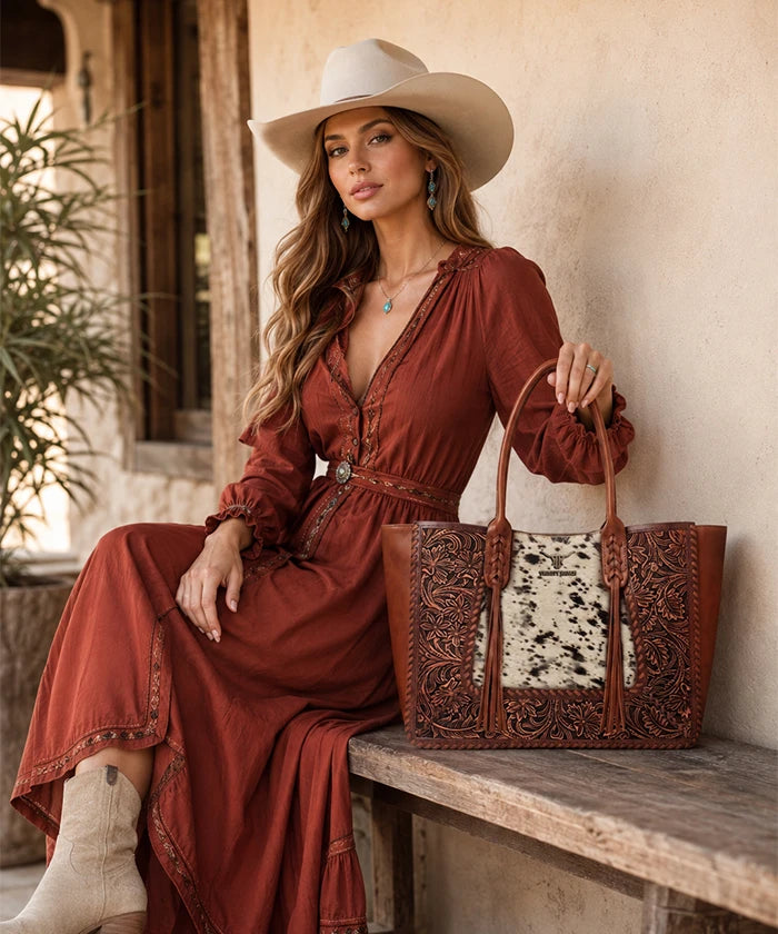 Trinity Ranch Floral Tooled Concealed Carry Tote Purse — Genuine leather with floral tooling and cowhide panel