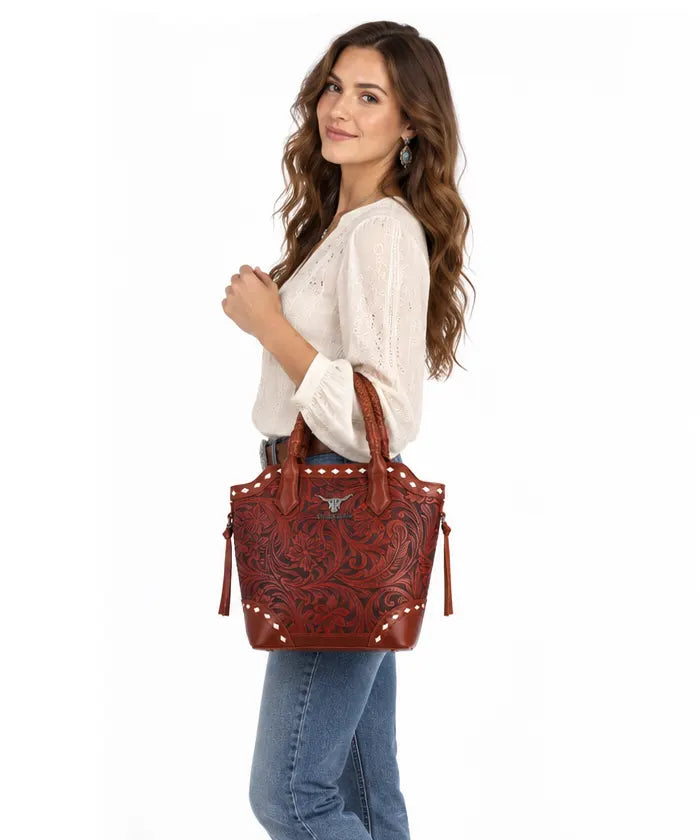 Trinity Ranch Genuine Leather Western Tooled Tote Bag