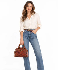 Trinity Ranch Genuine Leather Western Tooled Satchel Bag