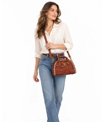 Trinity Ranch Genuine Leather Western Tooled Satchel Bag