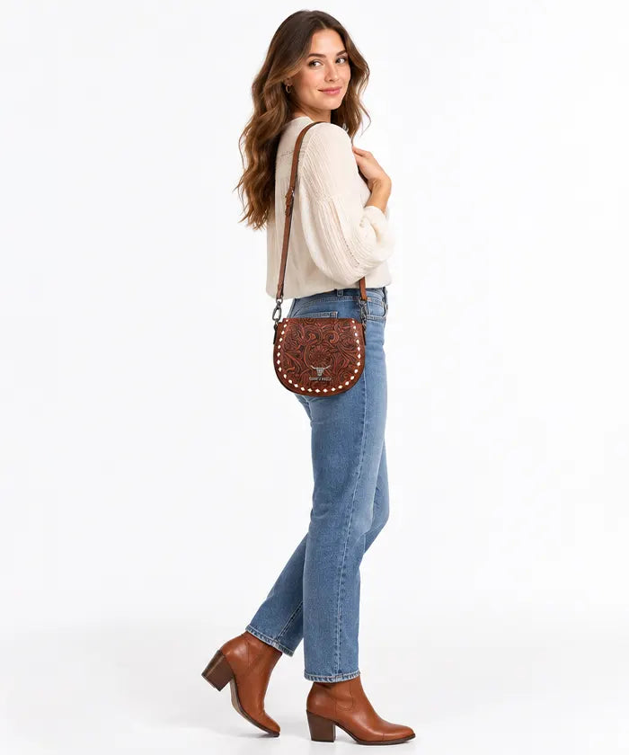 Trinity Ranch Tooled Leather Saddle Crossbody Bag