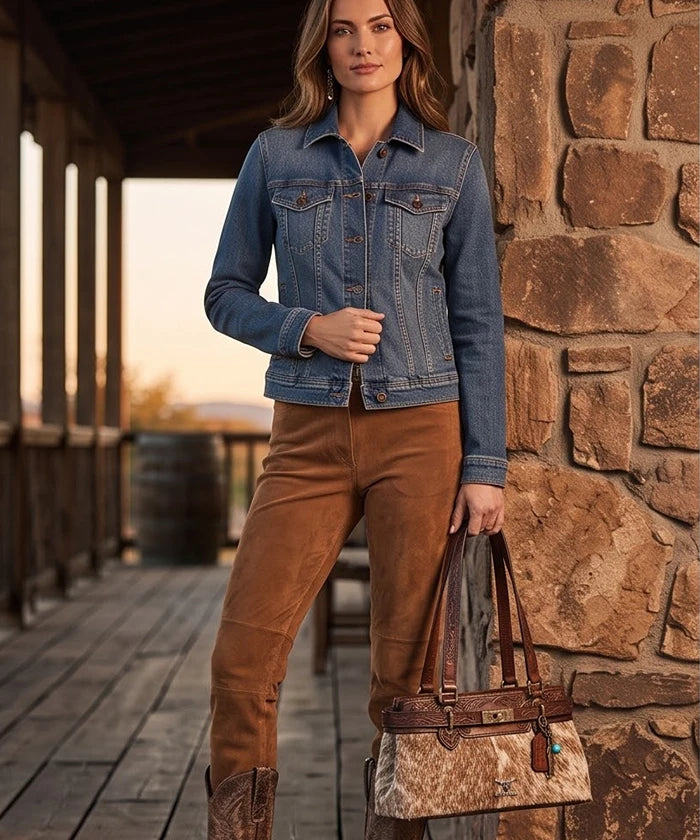 Trinity Ranch Floral Tooled Cowhide Shoulder Bag 