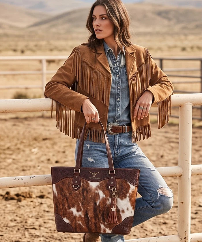 Trinity Ranch Floral Tooled Cowhide Tote Bag