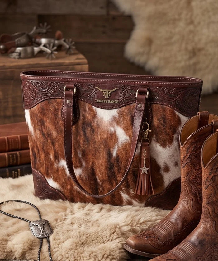 Trinity Ranch Floral Tooled Cowhide Tote Bag