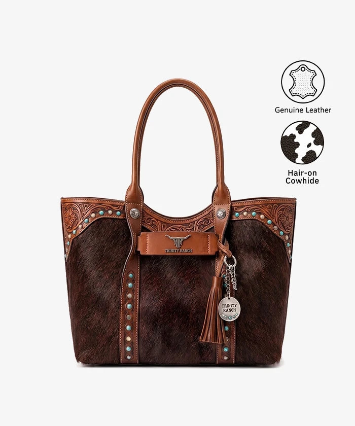 Trinity Ranch Turquoise Stud Cowhide Tote