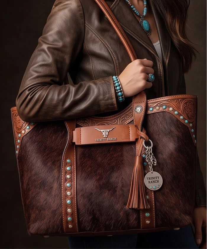 Trinity Ranch Turquoise Stud Cowhide Tote