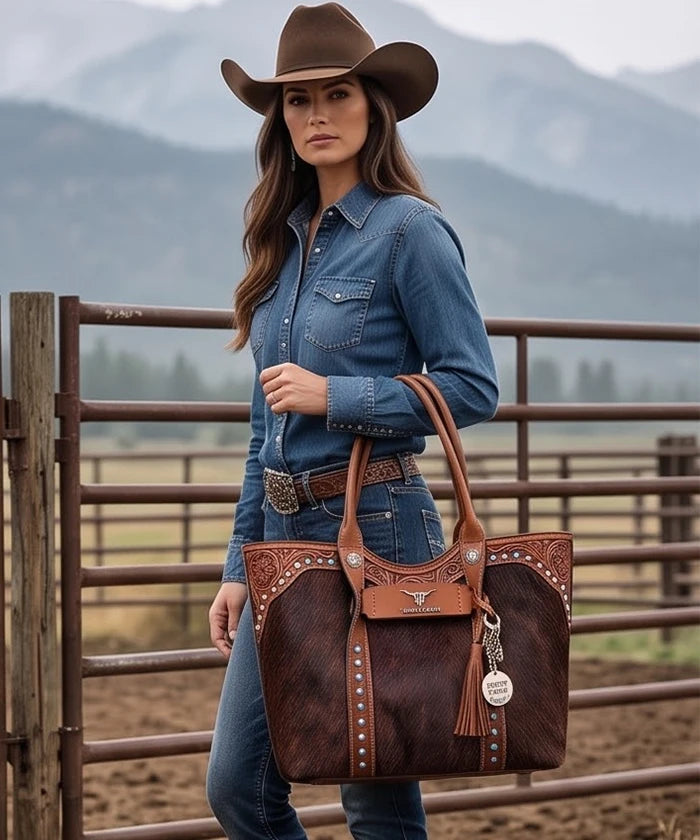 Trinity Ranch Turquoise Stud Cowhide Tote