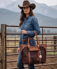 Trinity Ranch Turquoise Stud Cowhide Tote