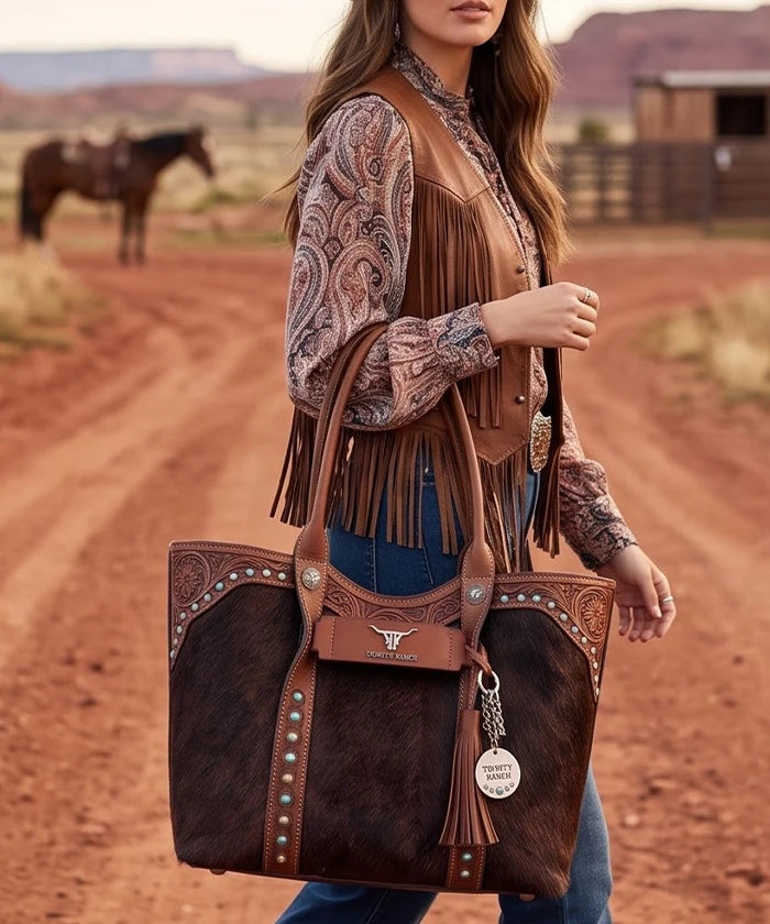 Trinity Ranch Turquoise Stud Cowhide Tote