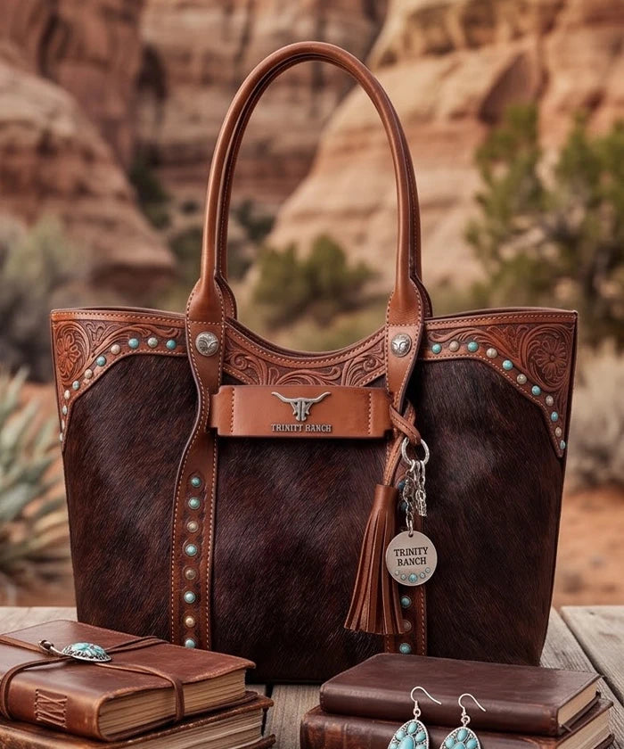 Trinity Ranch Turquoise Stud Cowhide Tote