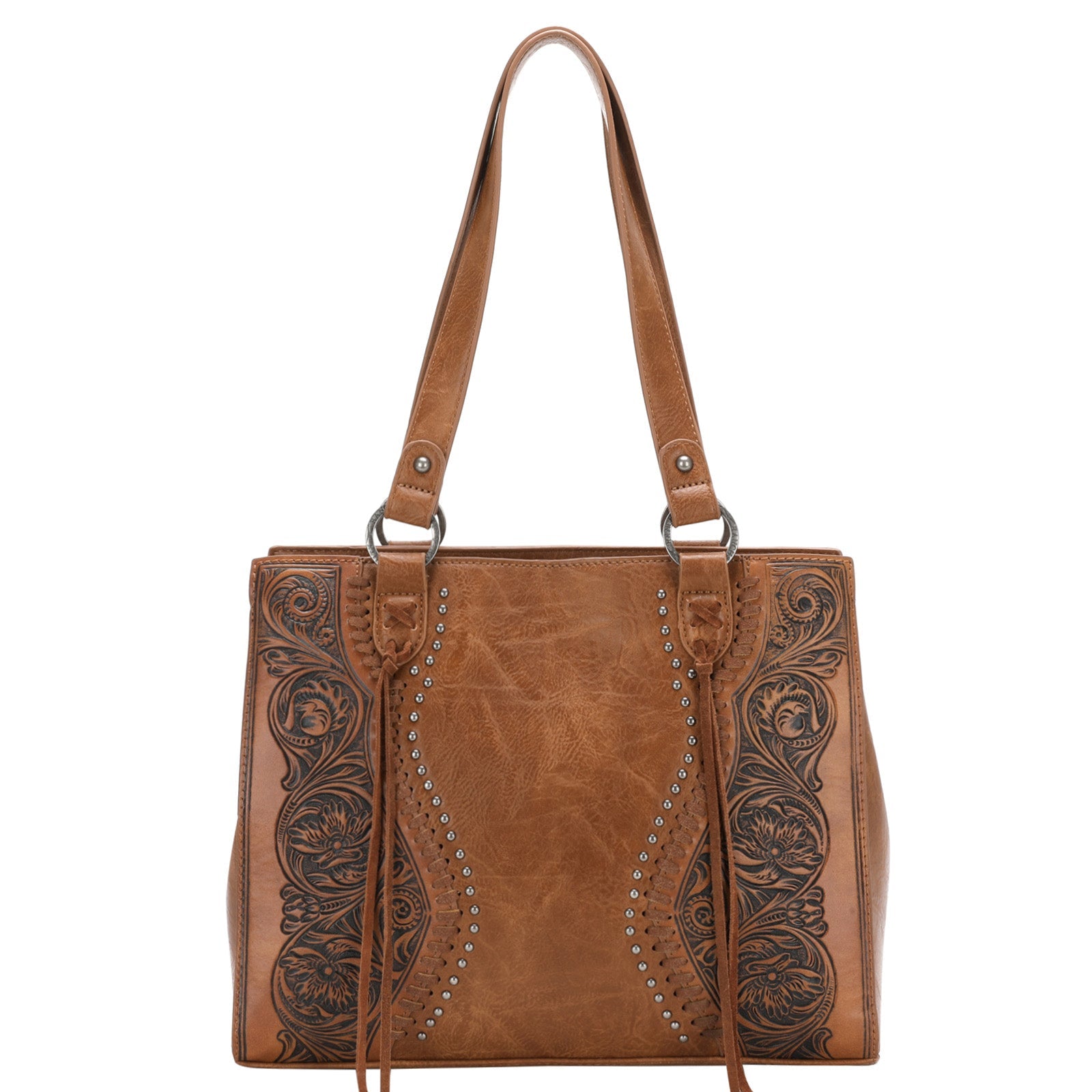 Trinity Ranch Floral Tooled Leather Tassel Concealed Carry Tote Collection - Montana West World