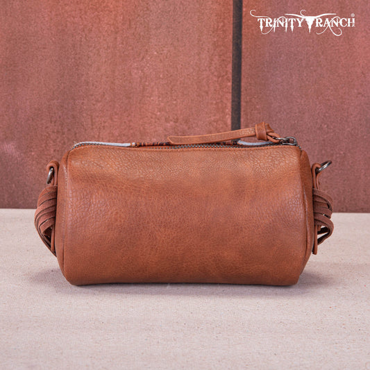TR159-154  Trinity Ranch Genuine Hair-On Cowhide /Tooled Fringe Collection Barrel Crossbody - Montana West World