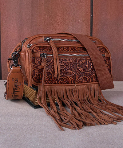 Trinity Ranch Tooled Fringe Crossbody Bag