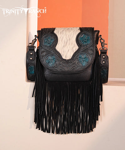 Trinity Ranch Genuine Hair-On Cowhide Tooled Fringe Crossbody Bag Set