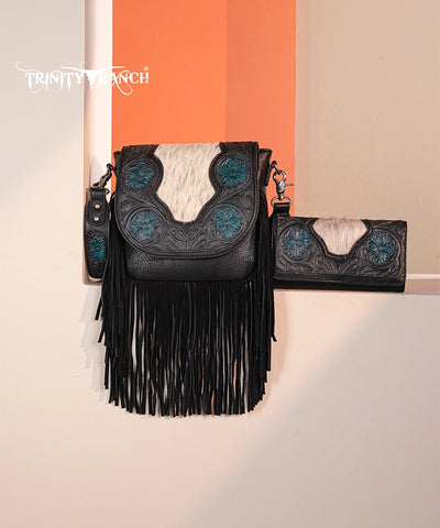 Trinity Ranch Genuine Hair-On Cowhide Tooled Fringe Crossbody Bag Set