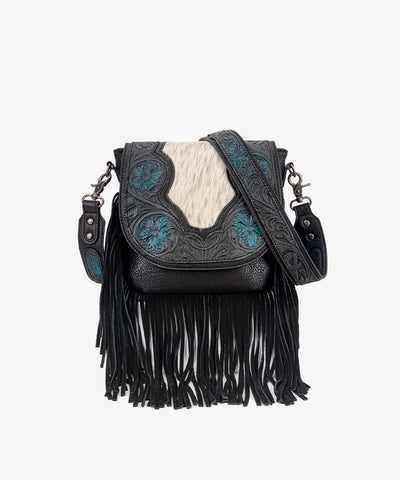 Trinity Ranch Genuine Hair-On Cowhide Tooled Fringe Crossbody Bag Set