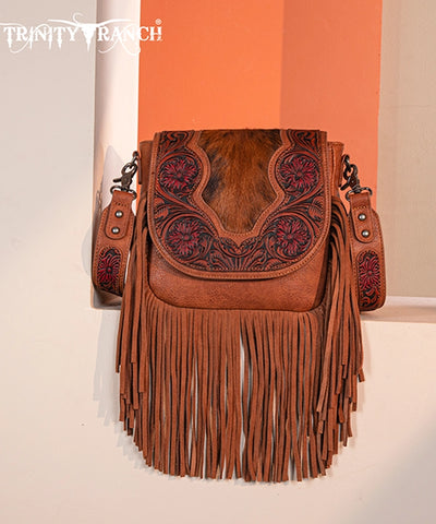 Trinity Ranch Genuine Hair-On Cowhide Tooled Fringe Crossbody Bag Set