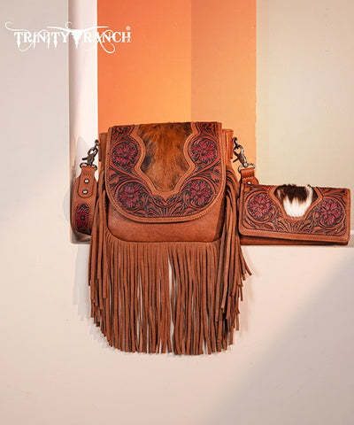 Trinity Ranch Genuine Hair-On Cowhide Tooled Fringe Crossbody Bag Set