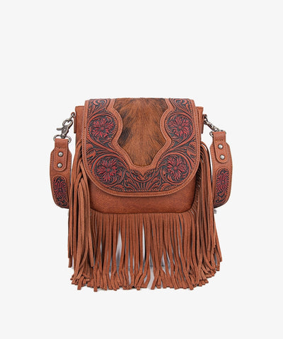 Trinity Ranch Genuine Hair-On Cowhide Tooled Fringe Crossbody Bag Set