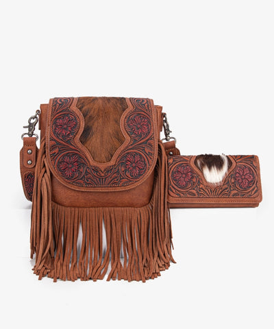 Trinity Ranch Genuine Hair-On Cowhide Tooled Fringe Crossbody Bag Set