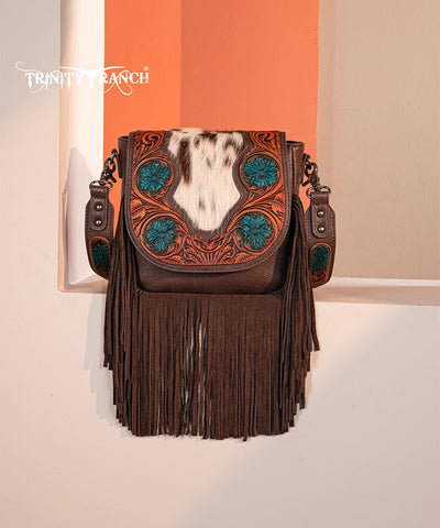 Trinity Ranch Genuine Hair-On Cowhide Tooled Fringe Crossbody Bag Set