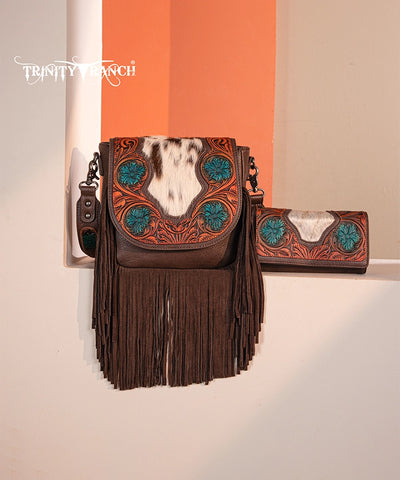 Trinity Ranch Genuine Hair-On Cowhide Tooled Fringe Crossbody Bag Set