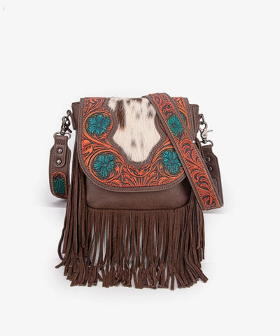 Trinity Ranch Genuine Hair-On Cowhide Tooled Fringe Crossbody Bag Set