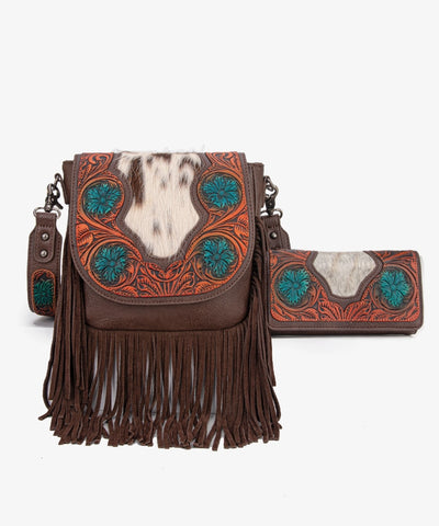 Trinity Ranch Genuine Hair-On Cowhide Tooled Fringe Crossbody Bag Set