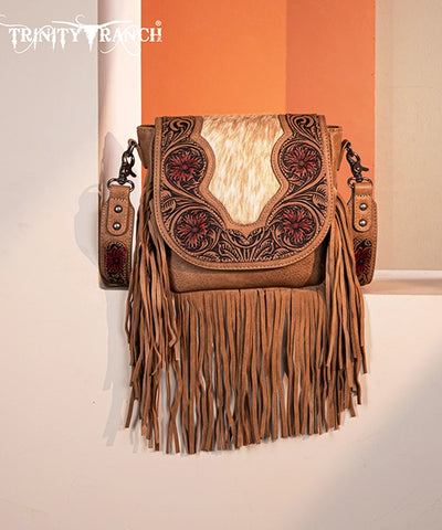 Trinity Ranch Genuine Hair-On Cowhide Tooled Fringe Crossbody Bag Set