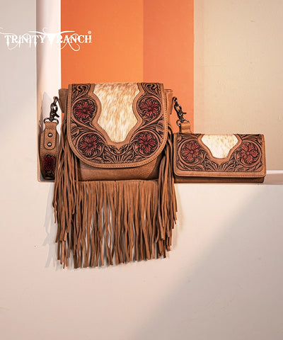 Trinity Ranch Genuine Hair-On Cowhide Tooled Fringe Crossbody Bag Set