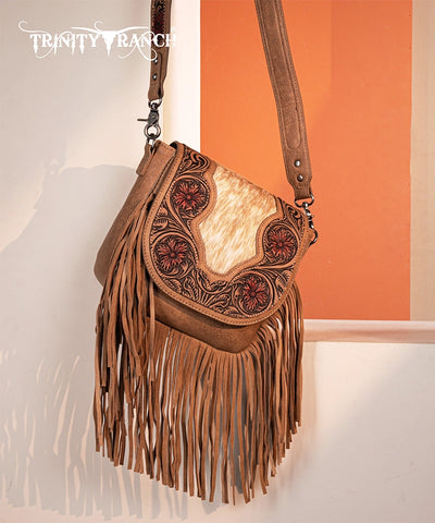 Trinity Ranch Genuine Hair-On Cowhide Tooled Fringe Crossbody Bag Set