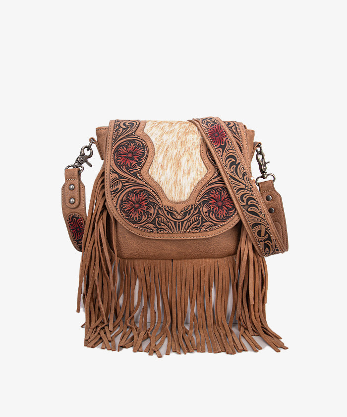 Trinity Ranch Genuine Hair-On Cowhide Tooled Fringe Crossbody Bag Set