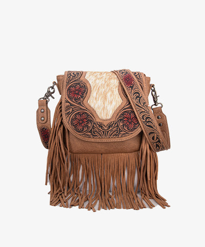 Trinity Ranch Genuine Hair-On Cowhide Tooled Fringe Crossbody Bag Set