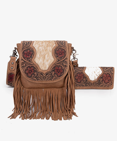 Trinity Ranch Genuine Hair-On Cowhide Tooled Fringe Crossbody Bag Set