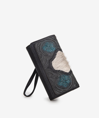 Trinity Ranch Floral Tooled and Hair-On Cowhide Wallet